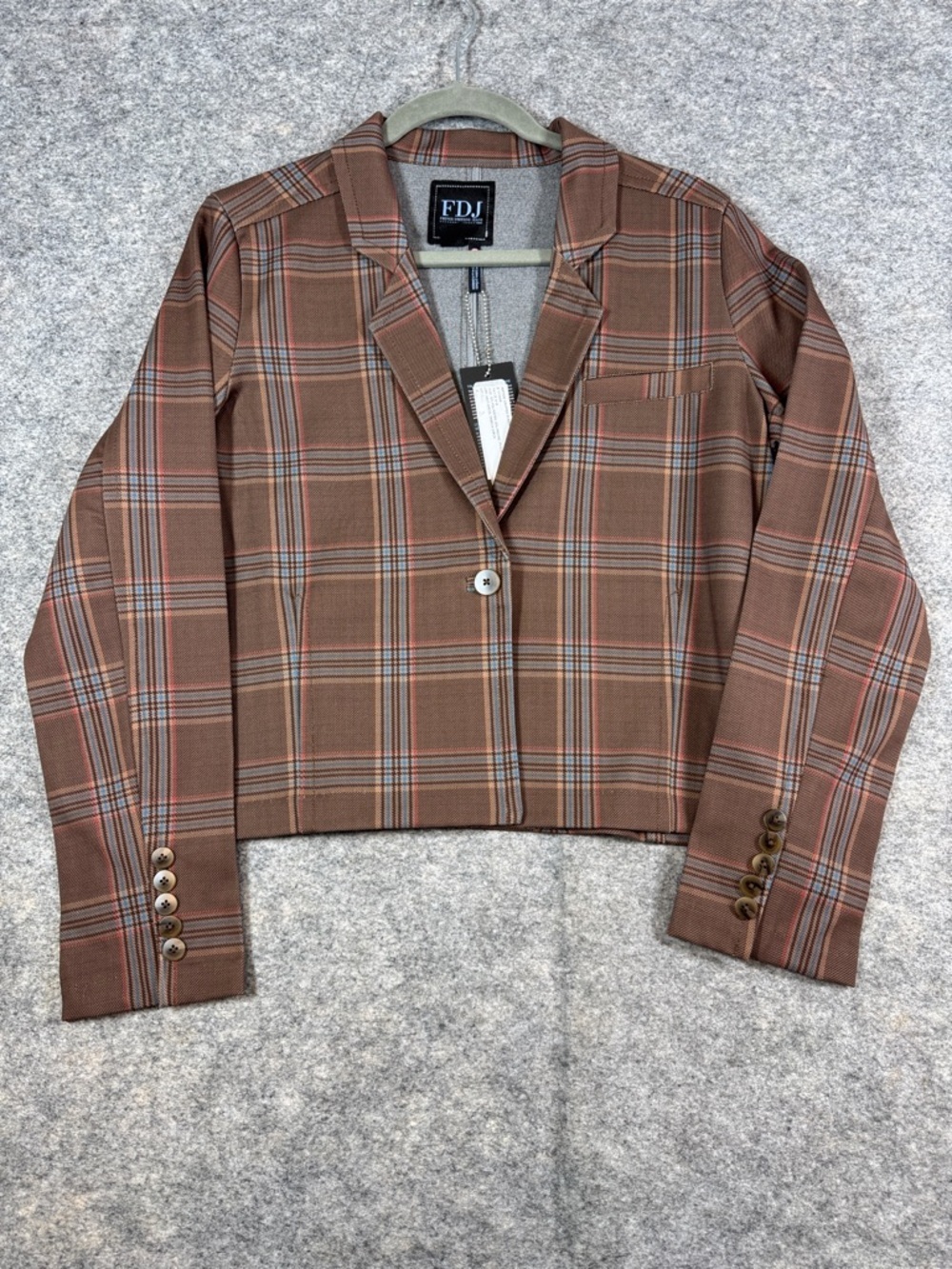 FDJ Brown Plaid Cropped Boxy Blazer Size 6 Tailored Preppy Chic Jacket Academia - Picture 3 of 13